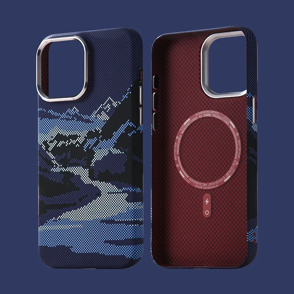 Coque MagSafe rigide à motif paysage abstrait en relief pour iPhone 14 Pro Max, 15, 16 et 17, compatible charge sans fil, protège-objectif en alliage 12