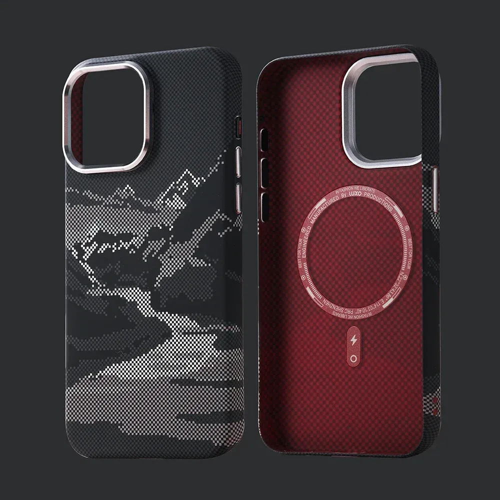Coque MagSafe rigide à motif paysage abstrait en relief pour iPhone 14 Pro Max, 15, 16 et 17, compatible charge sans fil, protège-objectif en alliage 10