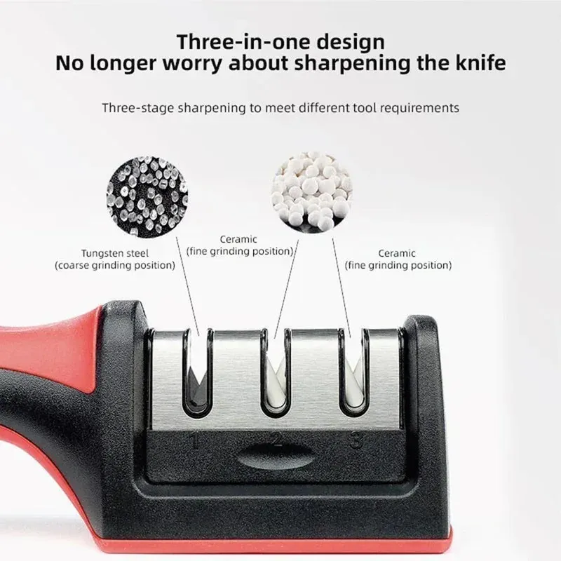 Aiguiseur de couteaux 3 étapes en acier inoxydable, pour couteaux de cuisine, aiguisage à trois niveaux 4