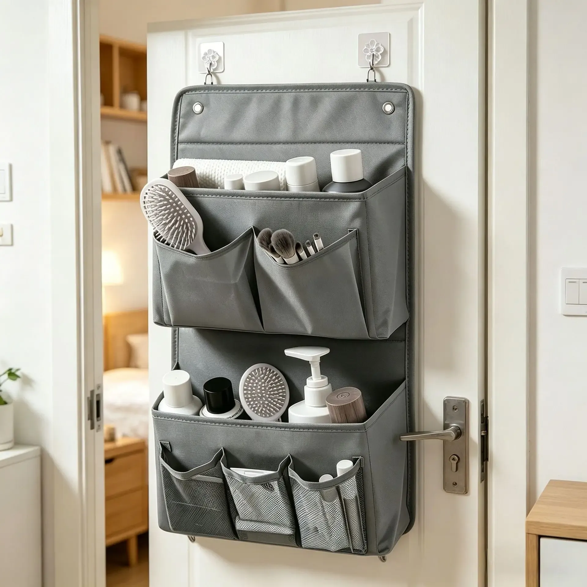 Organisateur mural suspendu gris en tissu à compartiments multiples avec fenêtre transparente, pour placard et bureau