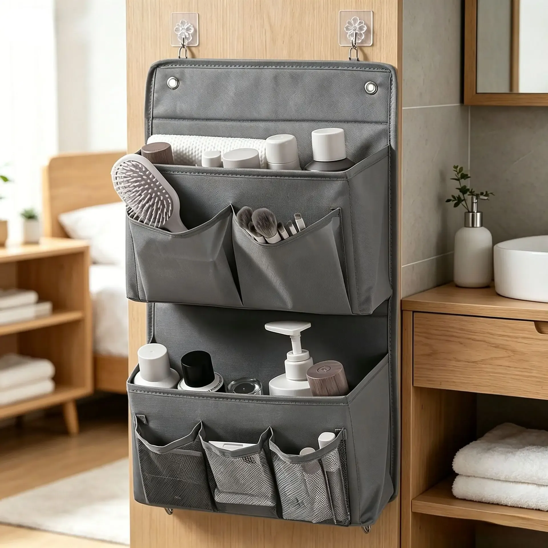 Organisateur mural suspendu gris en tissu à compartiments multiples avec fenêtre transparente, pour placard et bureau 2