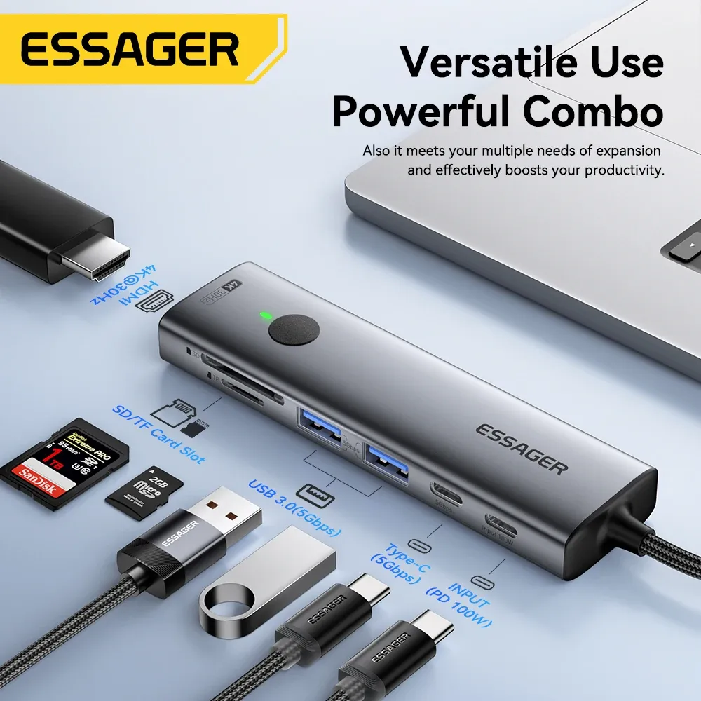 Adaptateur multiport USB-C Essager 7 en 1, hub 4K, USB-C vers HDMI, PD 100 W, lecteur SD et TF, USB 3.0 (5 Gbps), compatible MacBook, ordinateur portable et iPad