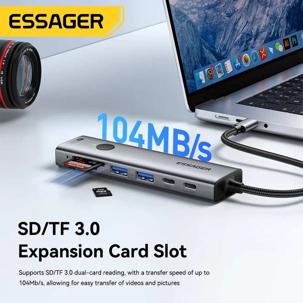 Adaptateur multiport USB-C Essager 7 en 1, hub 4K, USB-C vers HDMI, PD 100 W, lecteur SD et TF, USB 3.0 (5 Gbps), compatible MacBook, ordinateur portable et iPad 3