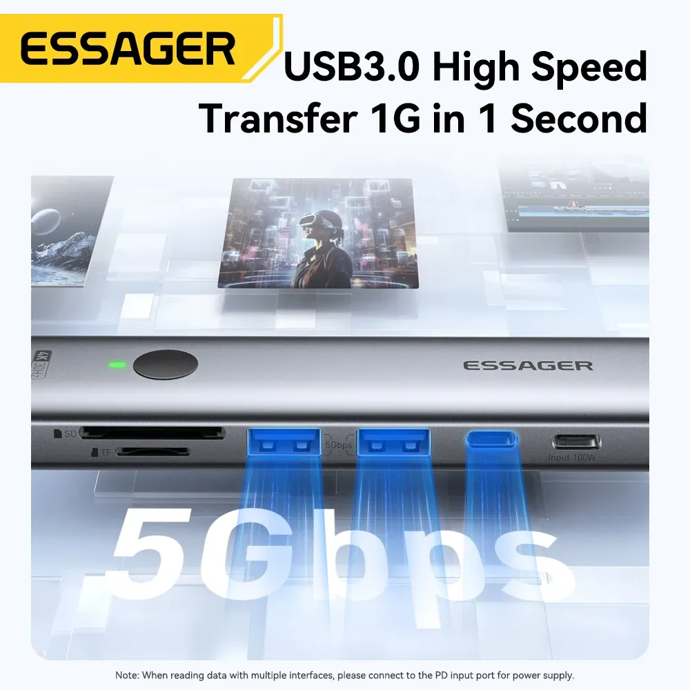 Adaptateur multiport USB-C Essager 7 en 1, hub 4K, USB-C vers HDMI, PD 100 W, lecteur SD et TF, USB 3.0 (5 Gbps), compatible MacBook, ordinateur portable et iPad 2