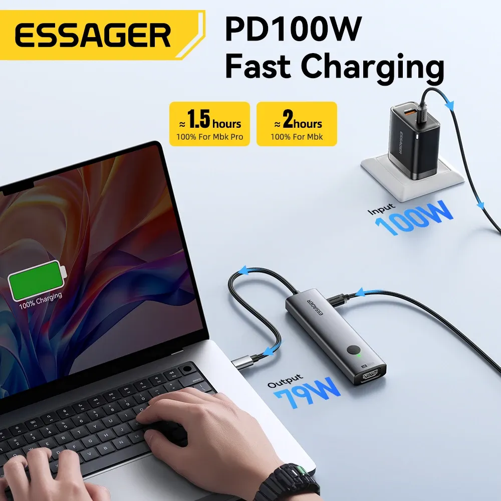 Adaptateur multiport USB-C Essager 7 en 1, hub 4K, USB-C vers HDMI, PD 100 W, lecteur SD et TF, USB 3.0 (5 Gbps), compatible MacBook, ordinateur portable et iPad 5