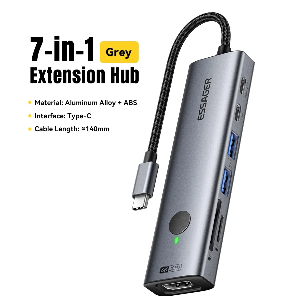 Adaptateur multiport USB-C Essager 7 en 1, hub 4K, USB-C vers HDMI, PD 100 W, lecteur SD et TF, USB 3.0 (5 Gbps), compatible MacBook, ordinateur portable et iPad 6