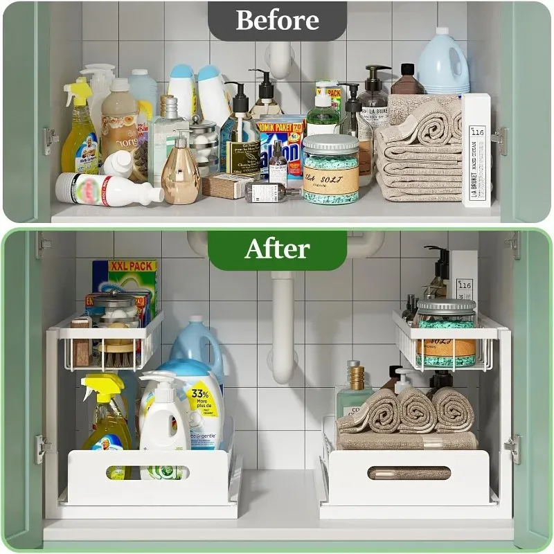 Organisateur sous-évier 2 niveaux avec tiroir coulissant en métal pour cuisine et salle de bain 3