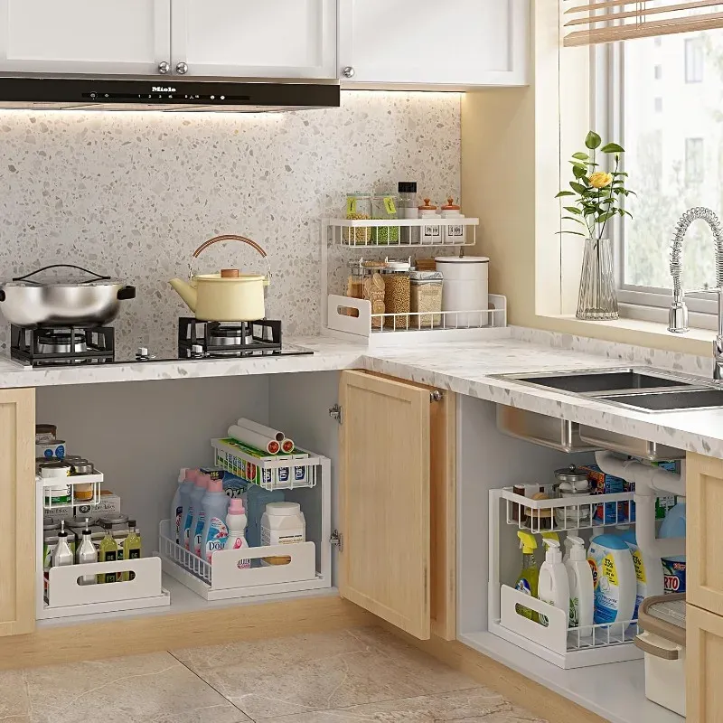 Organisateur sous-évier 2 niveaux avec tiroir coulissant en métal pour cuisine et salle de bain 5