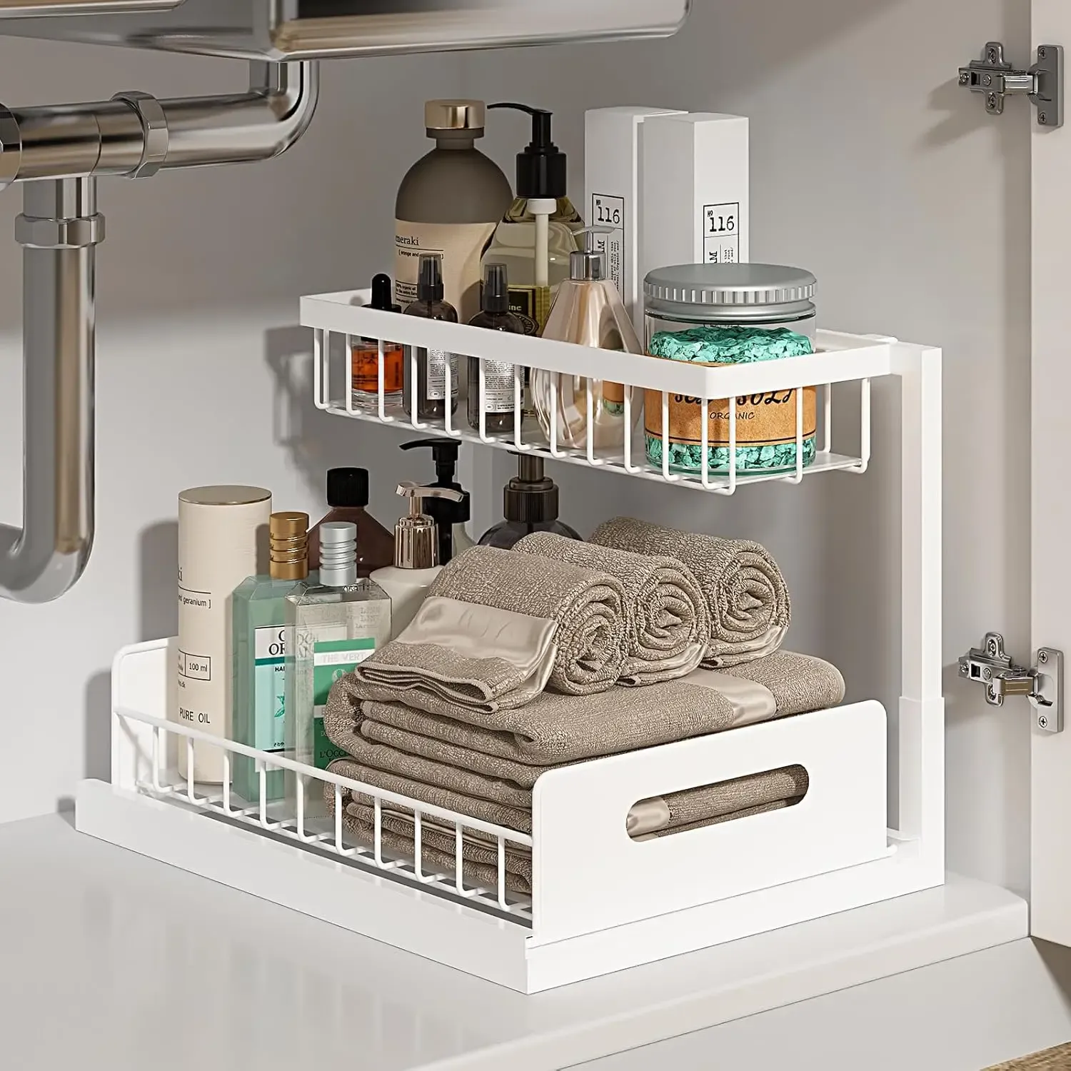 Organisateur sous-évier 2 niveaux avec tiroir coulissant en métal pour cuisine et salle de bain 7