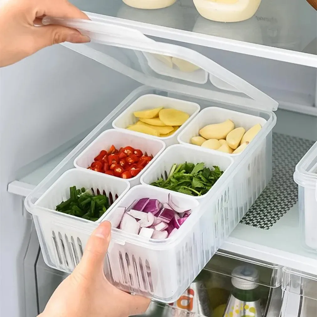 Bac de conservation pour réfrigérateur, boîte de rangement alimentaire pour gingembre, ail et oignon, avec panier d'égouttage pour fruits et légumes, organisateur de cuisine - Image 1