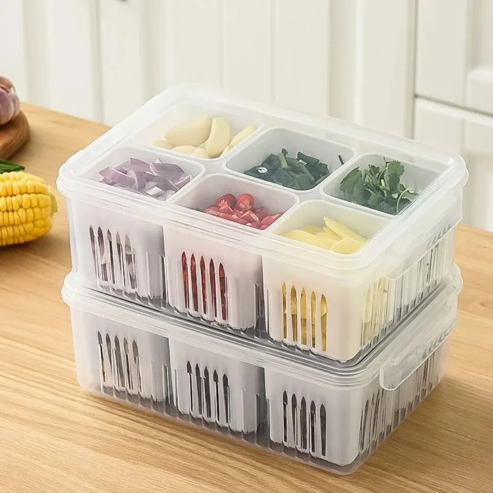 Bac de conservation pour réfrigérateur, boîte de rangement alimentaire pour gingembre, ail et oignon, avec panier d'égouttage pour fruits et légumes, organisateur de cuisine 2