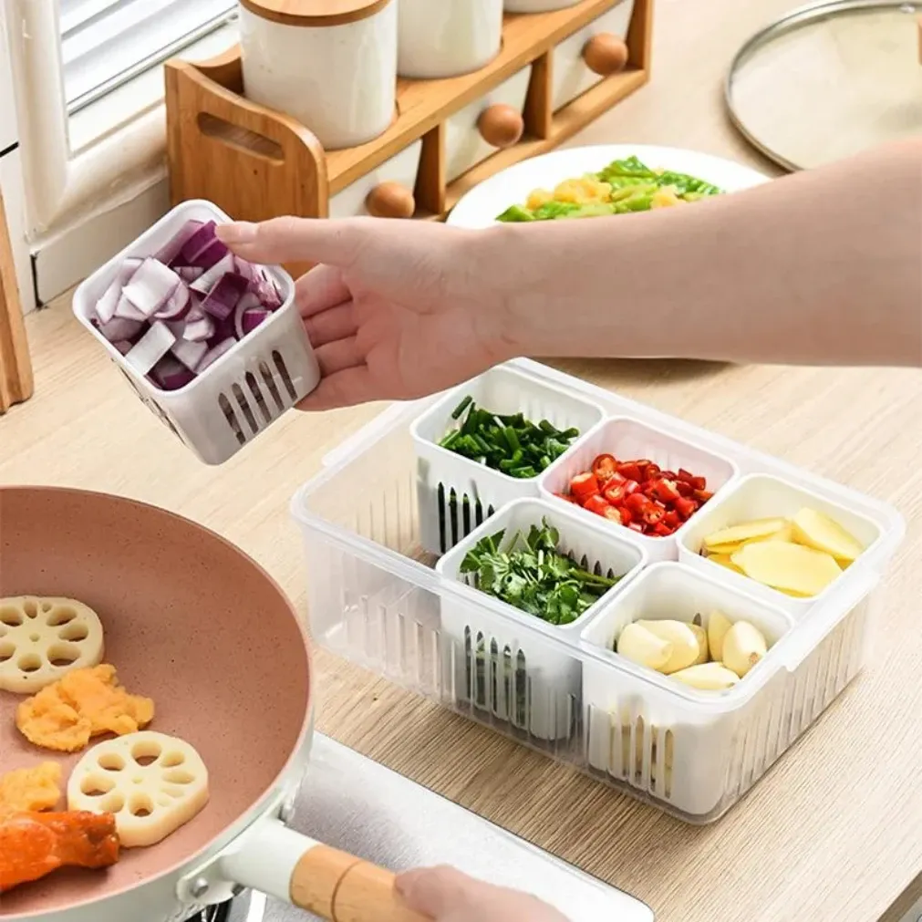 Bac de conservation pour réfrigérateur, boîte de rangement alimentaire pour gingembre, ail et oignon, avec panier d'égouttage pour fruits et légumes, organisateur de cuisine 3