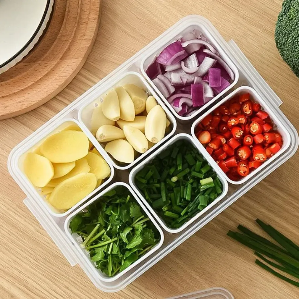 Bac de conservation pour réfrigérateur, boîte de rangement alimentaire pour gingembre, ail et oignon, avec panier d'égouttage pour fruits et légumes, organisateur de cuisine 4