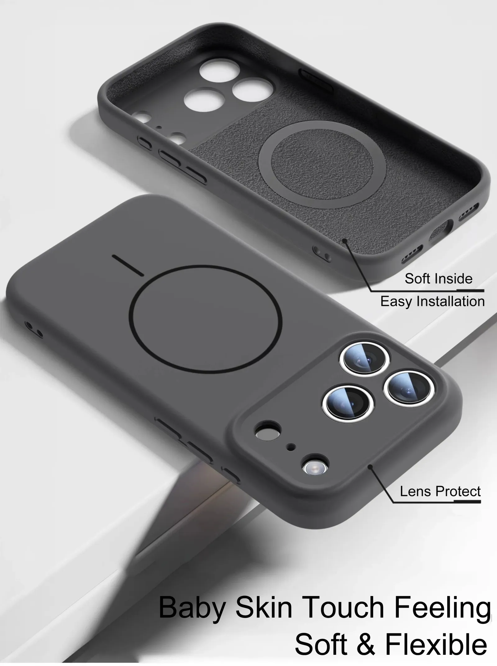 Coque en silicone liquide magnétique, détail des finitions