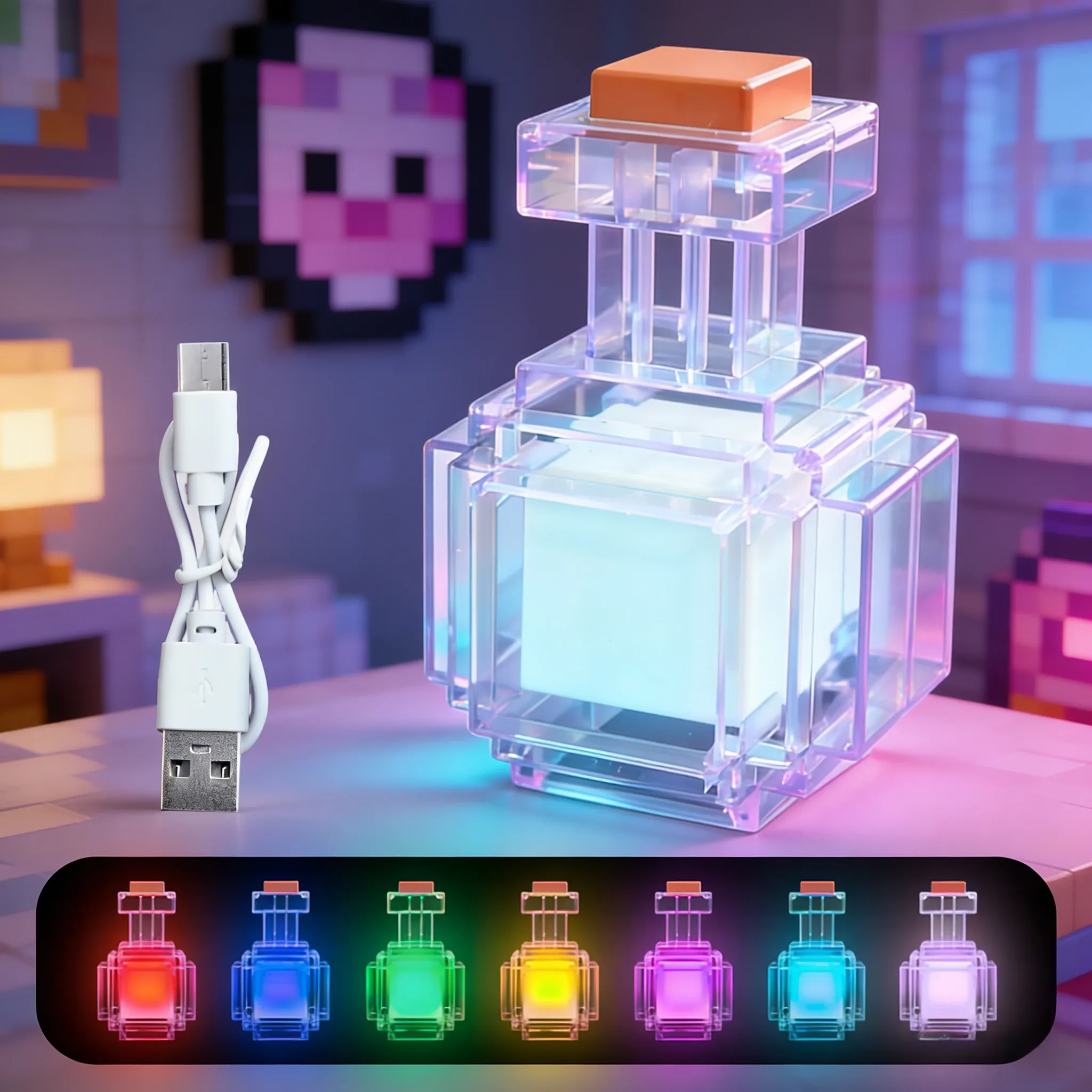 Lampe de nuit rechargeable en forme de bouteille de potion, LED multicolore (7 couleurs), design pixelisé 7