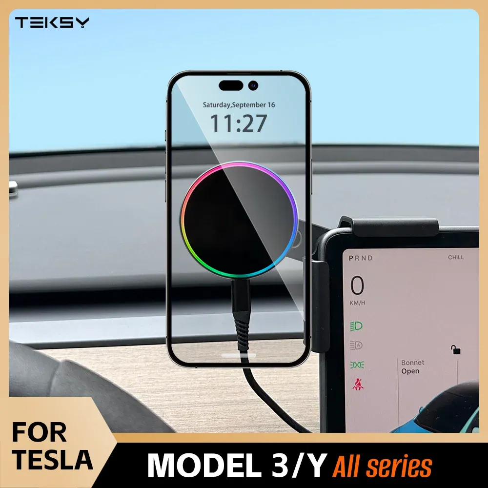 Support de téléphone magnétique pour voiture avec chargeur sans fil 15 W et Qi2.2 25 W, compatible MagSafe, pour Tesla Model Y et Model 3 JUNIPER 2026 2