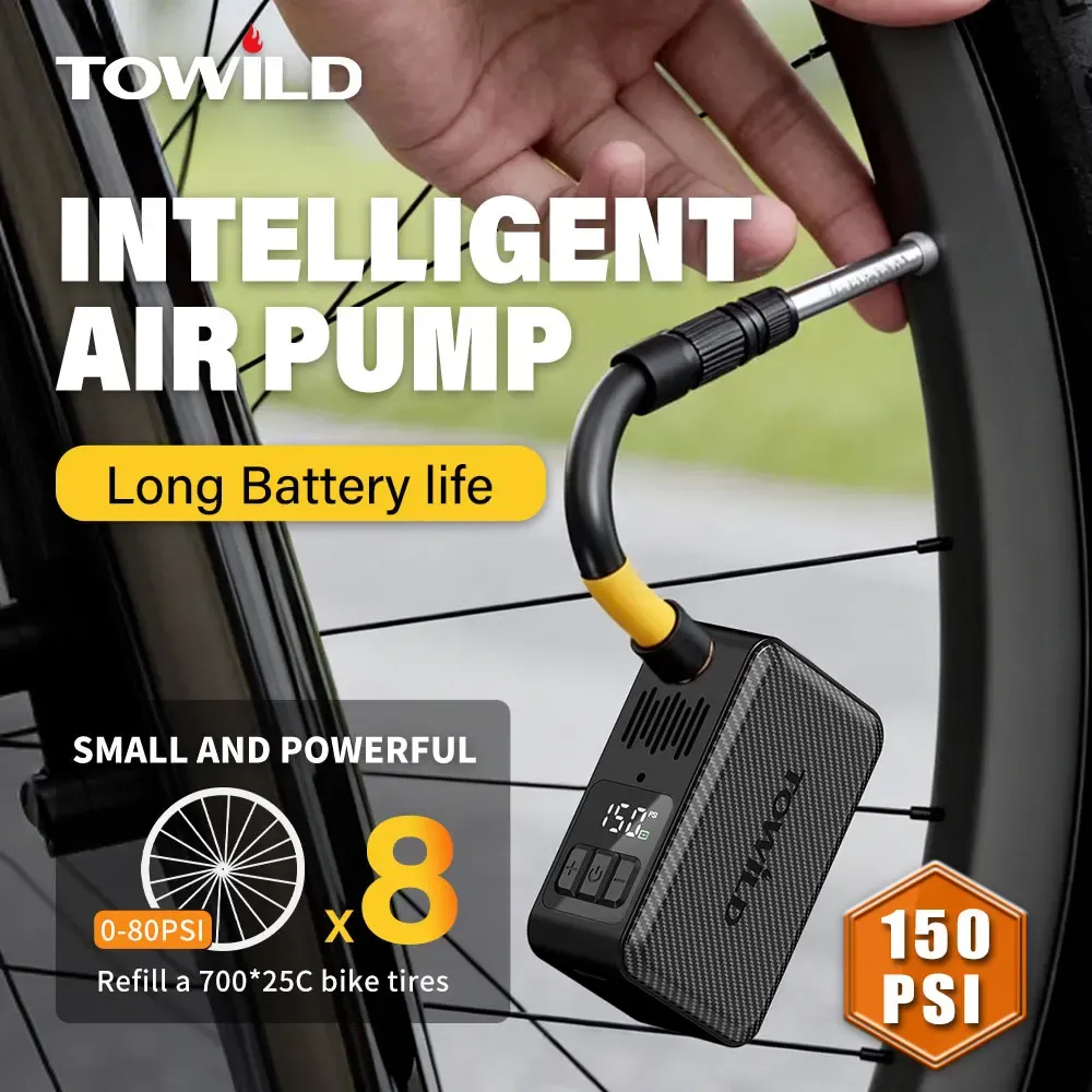 TOWILD A15 – Pompe à air électrique intelligente pour vélo, 150 PSI, mini pompe portable pour pneus avant et arrière - Image 1