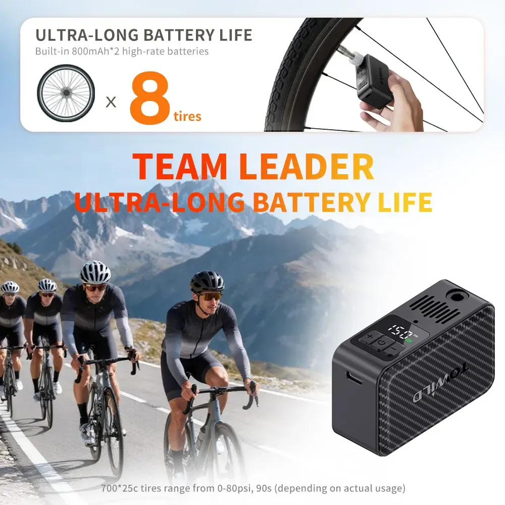 TOWILD A15 – Pompe à air électrique intelligente pour vélo, 150 PSI, mini pompe portable pour pneus avant et arrière 2