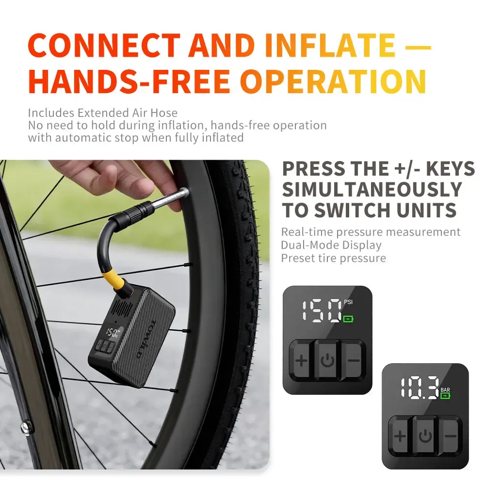TOWILD A15 – Pompe à air électrique intelligente pour vélo, 150 PSI, mini pompe portable pour pneus avant et arrière 5