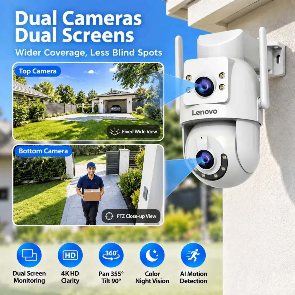 Lenovo Caméra de surveillance 4K WiFi extérieure double objectif PTZ avec suivi automatique, audio bidirectionnel et compatibilité ONVIF 2