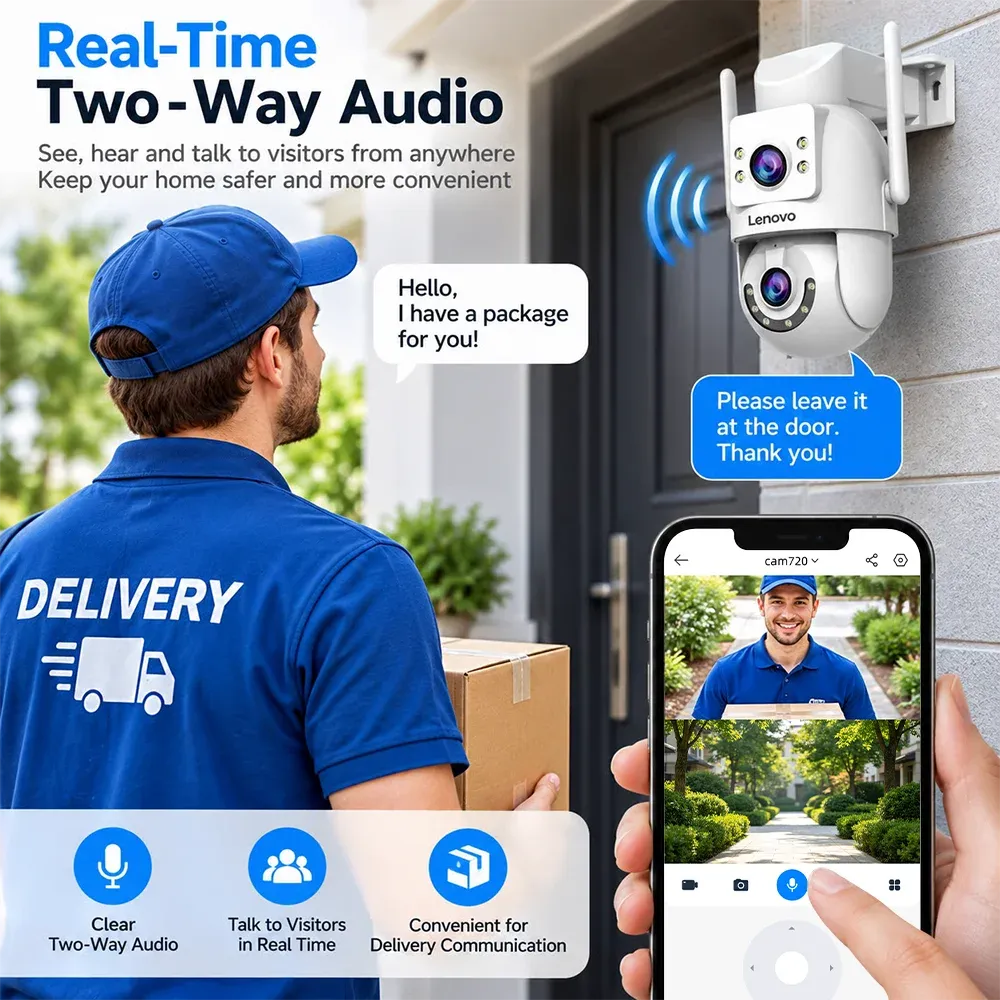 Lenovo Caméra de surveillance 4K WiFi extérieure double objectif PTZ avec suivi automatique, audio bidirectionnel et compatibilité ONVIF 3