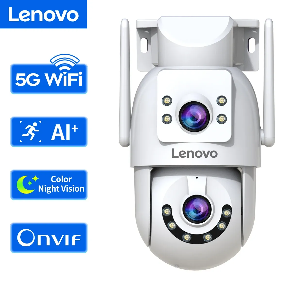 Lenovo Caméra de surveillance 4K WiFi extérieure double objectif PTZ avec suivi automatique, audio bidirectionnel et compatibilité ONVIF