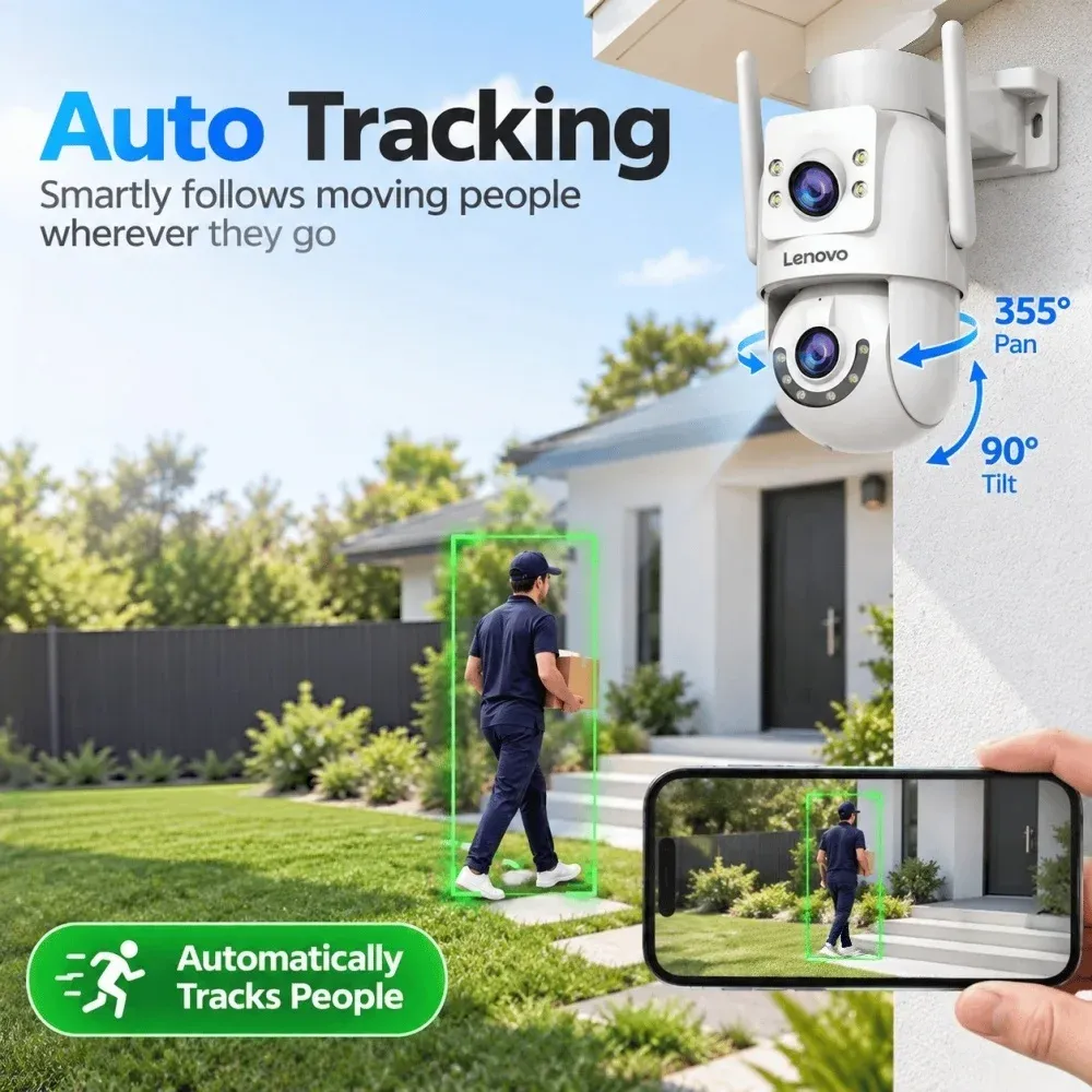 Lenovo Caméra de surveillance 4K WiFi extérieure double objectif PTZ avec suivi automatique, audio bidirectionnel et compatibilité ONVIF 4