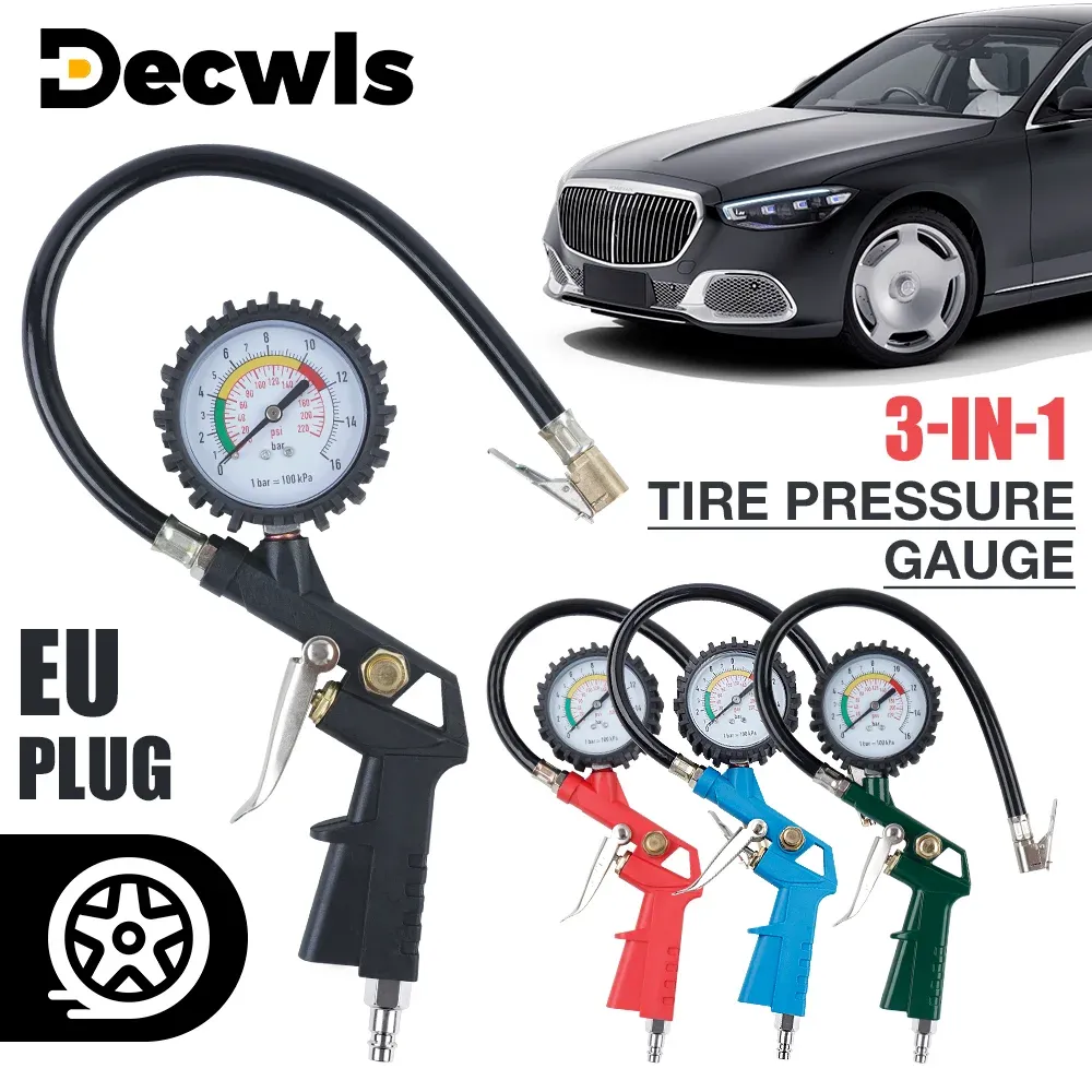 Manomètre de pression des pneus UE pour voiture, moto et SUV, pompe de gonflage 3 en 1, outil de réparation de pneus durable au design à gâchette, disponible en 4 couleurs, compatible avec compresseur d'air