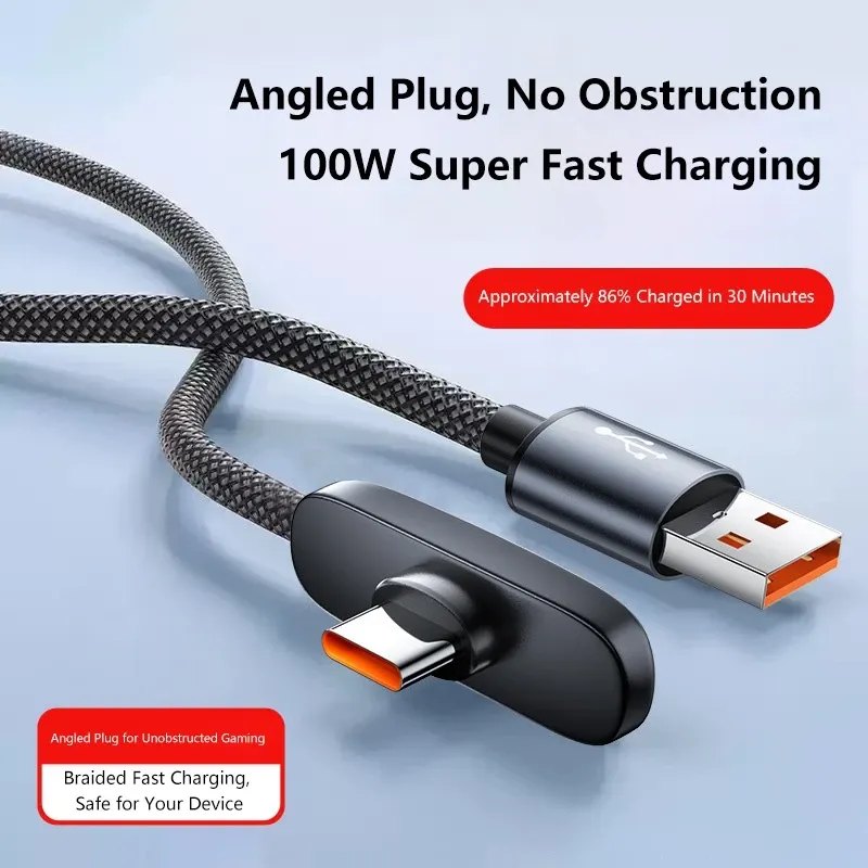 Câble de charge rapide 100 W coudé à 90 degrés USB-C, câble de données pour téléphone portable, compatible Samsung 2