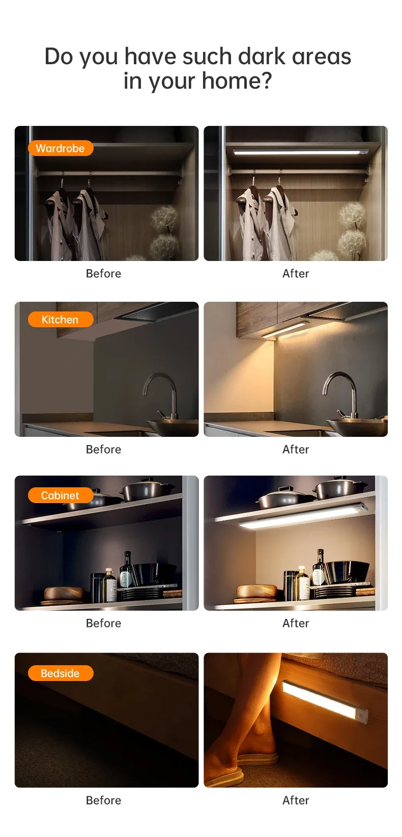 Veilleuse LED sous un meuble de cuisine