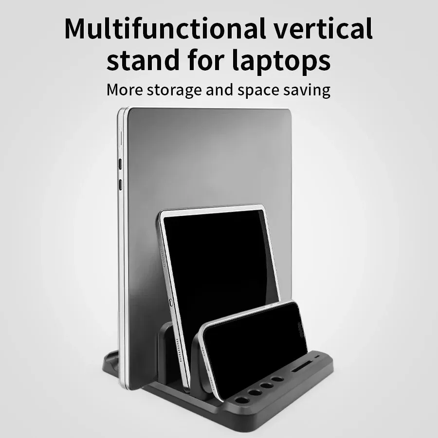 Support vertical pour ordinateur portable en plastique, compatible tablette, MacBook et téléphone, station d'accueil réglable, gain de place 1