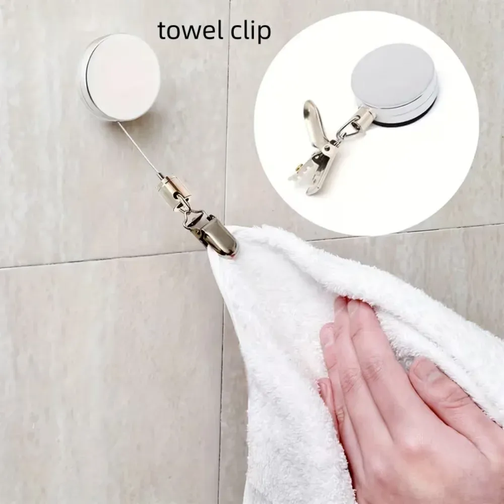 Porte-serviettes rétractable à rappel automatique, fixation murale adhésive sans perçage, pince robuste