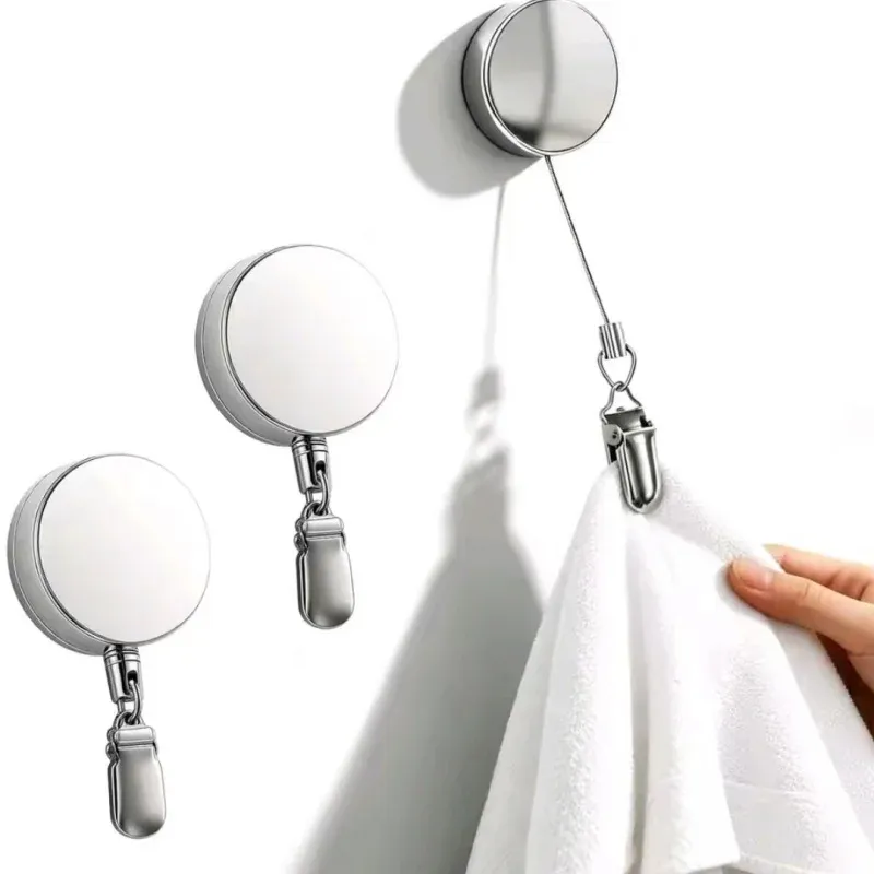 Porte-serviettes rétractable à rappel automatique, fixation murale adhésive sans perçage, pince robuste 7