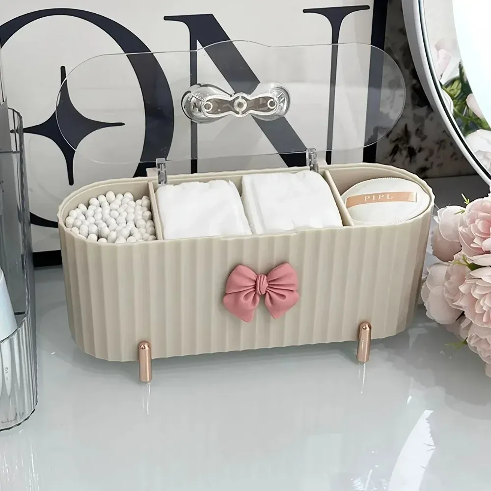 Organisateur de maquillage à 3 niveaux, boîte de rangement à couvercle transparent et grande capacité pour cotons-tiges, éponges, poudres et cosmétiques 3