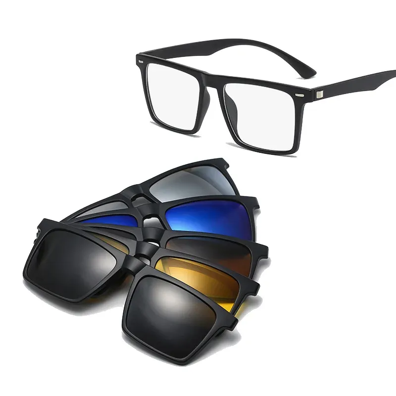 Lunettes de soleil polarisées carrées pour hommes avec clip magnétique 5 lentilles, monture TR90 grise - Image 1