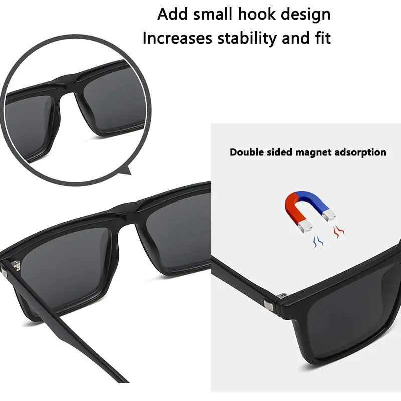 Lunettes de soleil polarisées carrées pour hommes avec clip magnétique 5 lentilles, monture TR90 grise 4