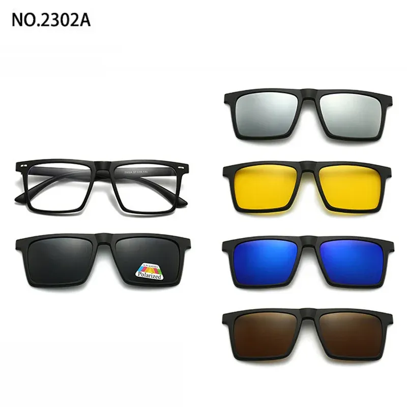 Lunettes de soleil polarisées carrées pour hommes avec clip magnétique 5 lentilles, monture TR90 grise 32