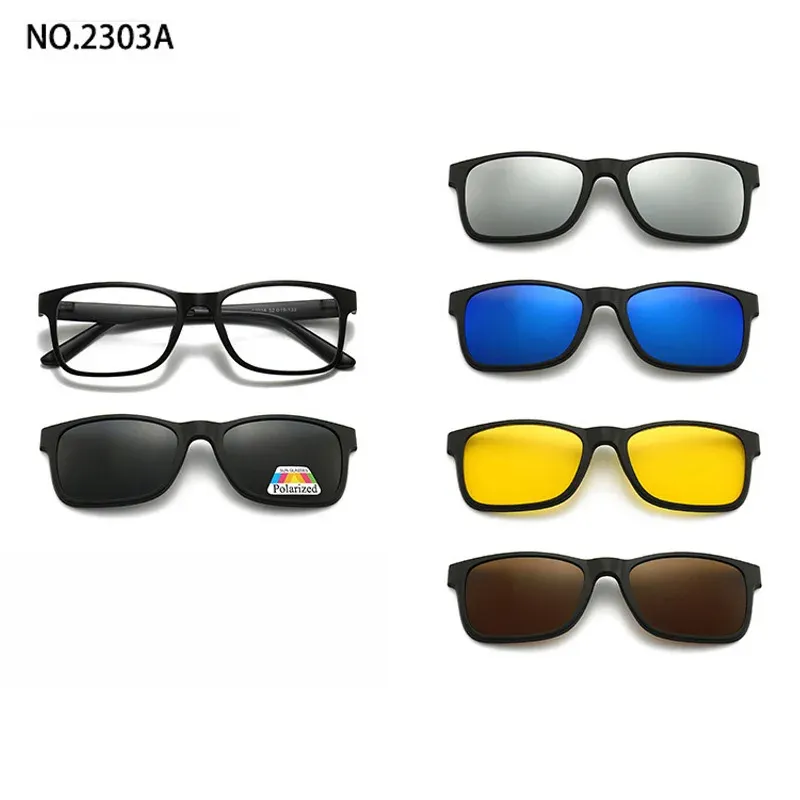 Lunettes de soleil polarisées carrées pour hommes avec clip magnétique 5 lentilles, monture TR90 grise 33