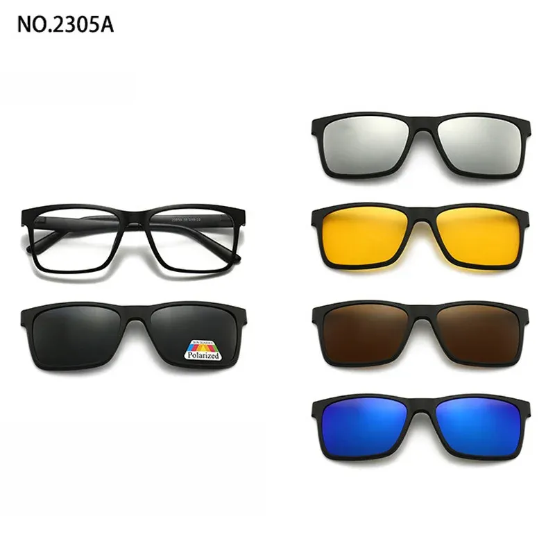 Lunettes de soleil polarisées carrées pour hommes avec clip magnétique 5 lentilles, monture TR90 grise 21