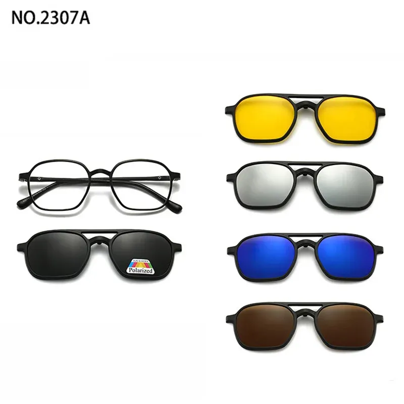 Lunettes de soleil polarisées carrées pour hommes avec clip magnétique 5 lentilles, monture TR90 grise 19