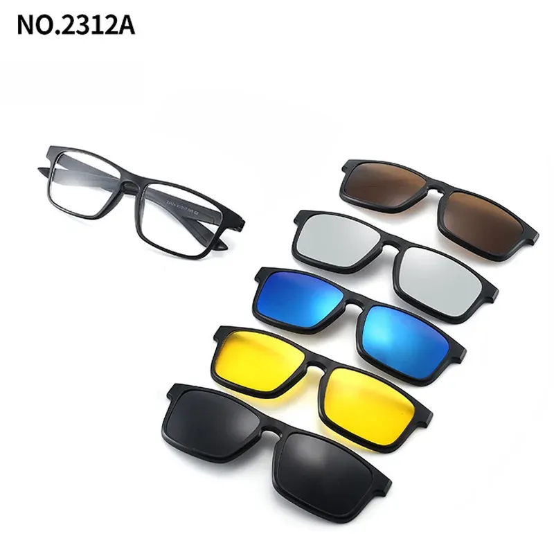 Lunettes de soleil polarisées carrées pour hommes avec clip magnétique 5 lentilles, monture TR90 grise 17