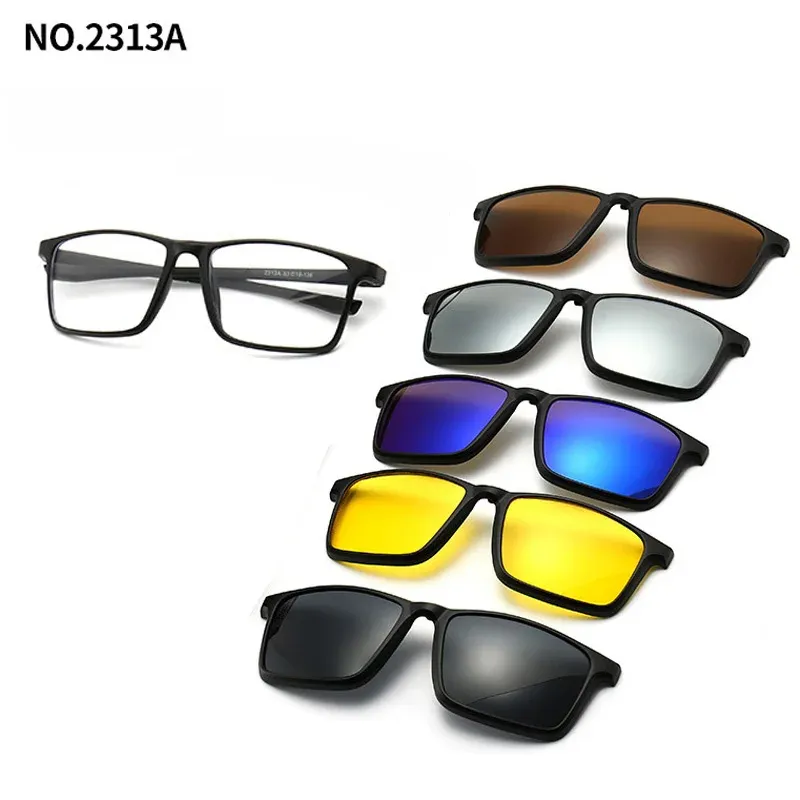 Lunettes de soleil polarisées carrées pour hommes avec clip magnétique 5 lentilles, monture TR90 grise 18
