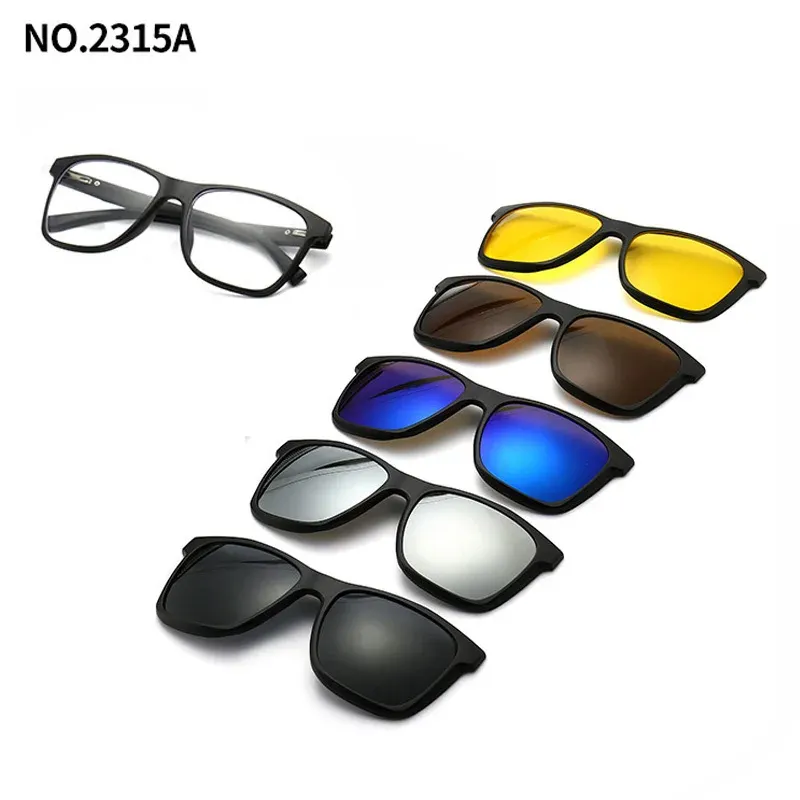 Lunettes de soleil polarisées carrées pour hommes avec clip magnétique 5 lentilles, monture TR90 grise 15