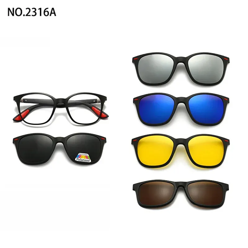 Lunettes de soleil polarisées carrées pour hommes avec clip magnétique 5 lentilles, monture TR90 grise 16