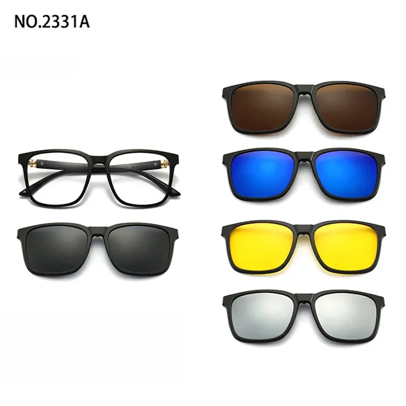 Lunettes de soleil polarisées carrées pour hommes avec clip magnétique 5 lentilles, monture TR90 grise 8