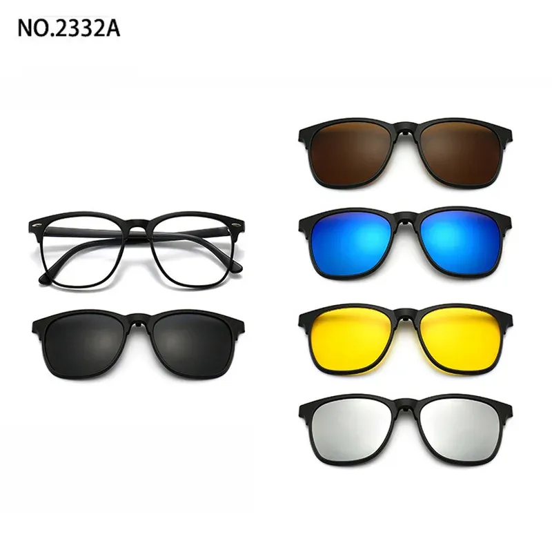 Lunettes de soleil polarisées carrées pour hommes avec clip magnétique 5 lentilles, monture TR90 grise 30