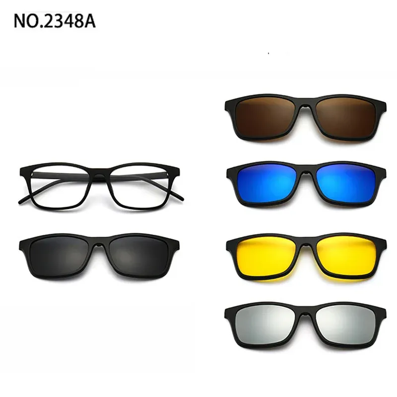 Lunettes de soleil polarisées carrées pour hommes avec clip magnétique 5 lentilles, monture TR90 grise 24