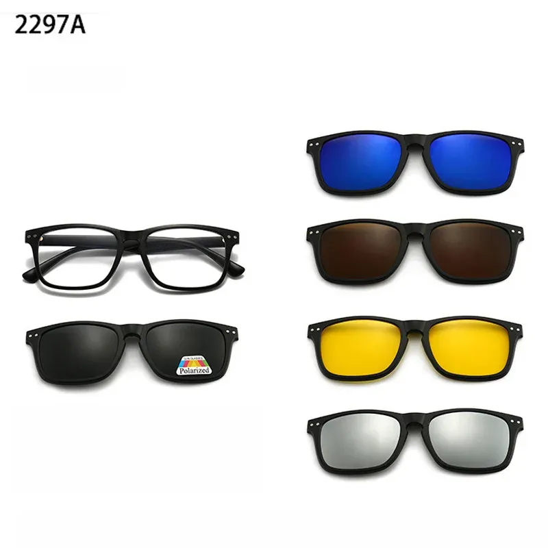 Lunettes de soleil polarisées carrées pour hommes avec clip magnétique 5 lentilles, monture TR90 grise 35