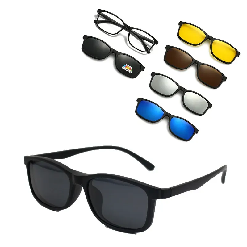 Lunettes de soleil polarisées carrées pour hommes avec clip magnétique 5 lentilles, monture TR90 grise 34