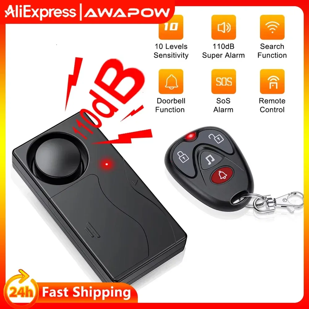 Awapow – Alarme antivol sans fil pour porte et fenêtre, capteur de vibrations, télécommande 110 dB - Image 1